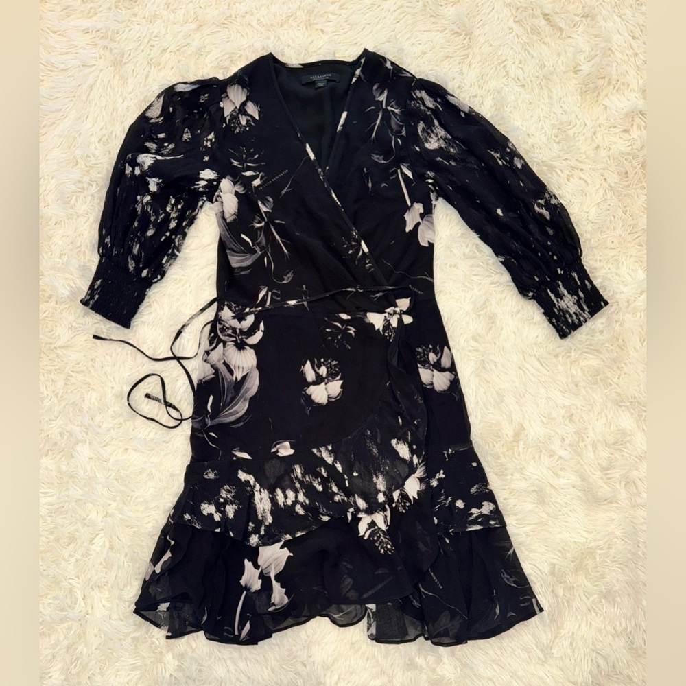 NEW AllSaints Ari Pauline Floral Print Faux Wrap Dress sz 0 - Picture 3 of 9